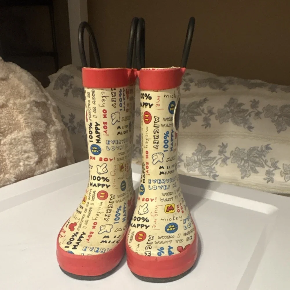 Western Chief Disney Mickey Mouse Rain Boots Kids US 7/8 Oh Boy Gray Cream Red